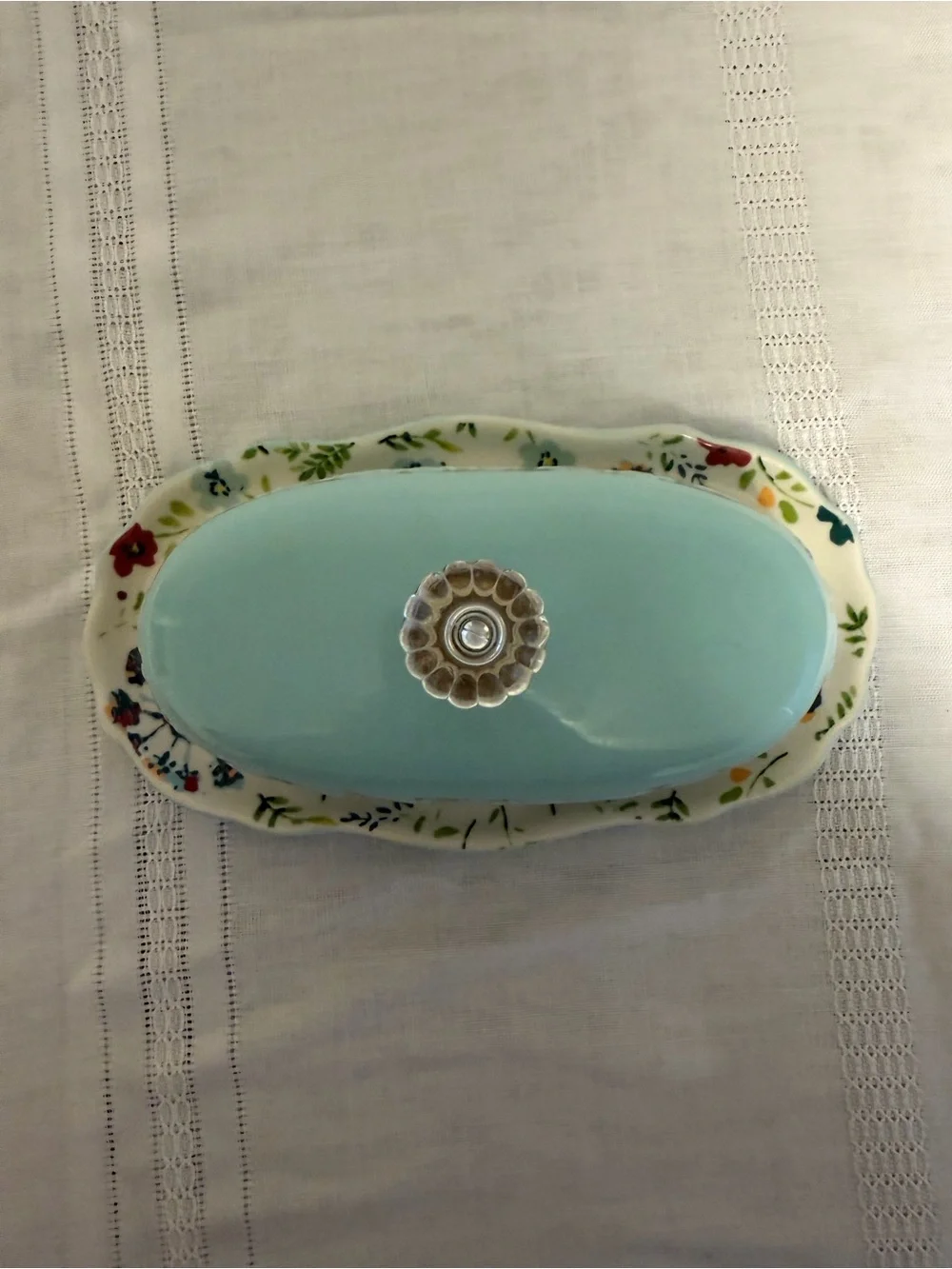 Pioneer Woman Blue Embossed Ceramic Butter Dish with Glass Knob